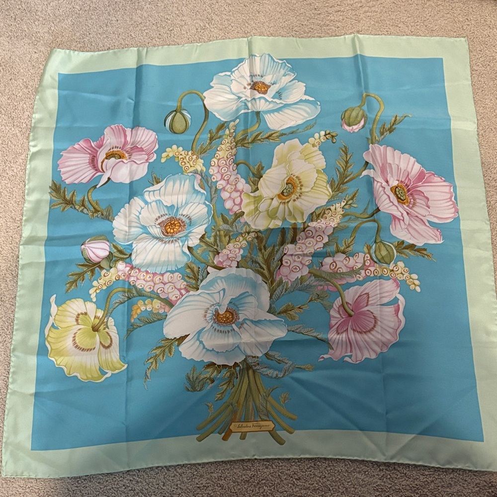 Salvatore Ferragamo Floral Silk Scarf - Blue and Green